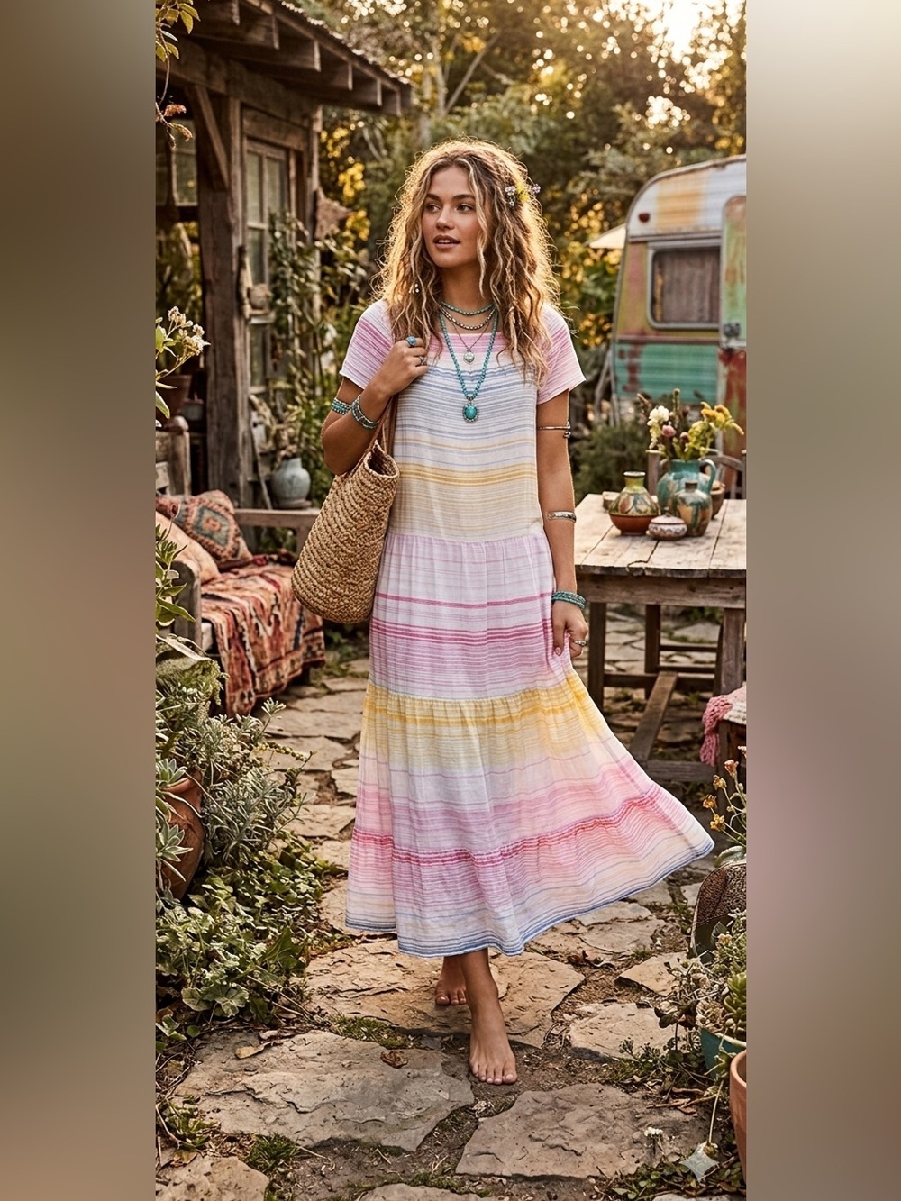 Anthropologie Merida Striped Tiered Colorful Fun Sun Maxi Dress Small soft one